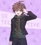  1boy absurdres ahoge arm_at_side arm_up bangs black_jacket black_pants brown_eyes brown_hair cowboy_shot danganronpa:_trigger_happy_havoc danganronpa_(series) eyebrows_visible_through_hair green_hoodie highres holding holding_magnifying_glass hood hood_down hoodie jacket long_sleeves looking_at_viewer maem_(77lrik) magnifying_glass naegi_makoto one_eye_closed pants pink_background short_hair solo white_background 