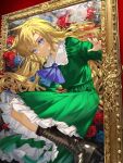  1girl arlizi ascot black_footwear blonde_hair blue_ascot blue_eyes boots commentary cross-laced_footwear dress expressionless flower frilled_dress frills green_dress highres ib indoors knee_boots long_hair looking_at_viewer mary_(ib) painting_(object) rose solo through_painting 