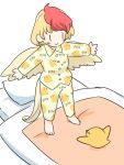  1girl :&gt; alternate_costume barefoot bird blonde_hair blush blush_stickers chick futon itatatata long_sleeves multicolored_hair niwatari_kutaka on_bed outstretched_arms pajamas redhead short_hair simple_background touhou white_background wings |_| 