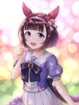  1girl animal_ears blurry blurry_background blush chikabo_m collarbone commentary_request hair_ornament headband horse_ears horse_tail nishino_flower_(umamusume) open_mouth ribbon school_uniform short_hair solo tail twitter_username umamusume violet_eyes x_hair_ornament 