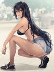  1girl bikini bikini_top_only black_bikini black_footwear black_hair breasts brown_eyes denim denim_shorts from_side highres kantai_collection kasumi_(skchkko) large_breasts long_hair looking_at_viewer nagato_(kancolle) parted_lips shorts smile solo squatting swimsuit 