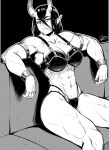  abs absurdres bikini bracelet breasts couch demon greyscale highres horns jewelry monochrome muscular muscular_female speedl00ver swimsuit 