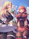  2girls :d bangs black_gloves blonde_hair blue_sky bob_cut breasts brown_legwear circlet closed_mouth clouds cloudy_sky dress elbow_gloves envelope fingerless_gloves gloves highres holding holding_envelope long_hair looking_at_viewer looking_back multiple_girls mythra_(xenoblade) open_mouth outdoors pantyhose petals pyra_(xenoblade) red_eyes red_shorts redhead short_hair shorts sky smile super_smash_bros. white_dress white_gloves xenoblade_chronicles_(series) xenoblade_chronicles_2 yatai_(ya2taic) yellow_eyes 