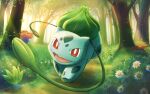  :d bright_pupils bulbasaur commentary_request daisy day fangs flower forest gloom grass light_rays luna_mokamoka nature no_humans oddish open_mouth outdoors plant pokemon pokemon_(creature) red_eyes smile tongue tree vileplume vines white_pupils 