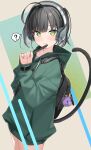  1girl :3 ? absurdres ahoge backpack bag bag_charm bangs black_hair blunt_bangs blush cat_tail charm_(object) closed_mouth cowboy_shot dot_nose gradient gradient_background green_background green_eyes green_hoodie headphones highres holding holding_pen hood hood_down hoodie kanzarin long_sleeves looking_at_viewer no_pants one_side_up original pen short_hair slit_pupils smile solo speech_bubble spoken_question_mark tail wristband yellow_background 