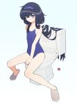  1girl arm_between_legs bangs black_hair blue_archive blue_swimsuit collarbone flat_chest full_body gradient gradient_background hairband highres long_hair looking_at_viewer one-piece_swimsuit school_swimsuit signature simple_background sitting slippers solo swimsuit thighs toilet ui_(blue_archive) violet_eyes yan_wan 