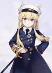  1girl alternate_costume azur_lane bangs belt blonde_hair buttons closed_mouth commentary double-breasted epaulettes eyebrows_visible_through_hair hair_between_eyes hat head_tilt highres long_hair long_sleeves looking_at_viewer medal military military_uniform peaked_cap saber_(weapon) sidelocks sleeves_past_wrists smile solo standing sword uniform user_jdds4474 violet_eyes warspite_(azur_lane) weapon 