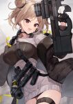  1girl absurdres bangs blush breasts brown_jacket bullpup commission double_bun dress eyebrows_visible_through_hair feet_out_of_frame gas_mask girls_frontline gun highres holding holding_gun holding_weapon jacket kuroshiro_kanae light_brown_hair looking_at_viewer mask medium_breasts open_clothes open_jacket open_mouth p90 p90_(girls&#039;_frontline) red_eyes short_hair skeb_commission smile solo standing submachine_gun weapon white_background 