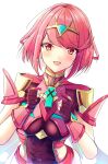  1girl bangs black_gloves breasts chest_jewel earrings fingerless_gloves gem gloves headpiece highres jewelry karuushi large_breasts pyra_(xenoblade) red_eyes redhead short_hair simple_background solo swept_bangs tiara white_background xenoblade_chronicles_(series) xenoblade_chronicles_2 