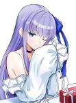  1girl bangs bare_shoulders black_choker blue_bow blue_eyes bow box choker commentary_request eyebrows_visible_through_hair fate/grand_order fate_(series) gift gift_box hair_bow highres long_hair looking_at_viewer meltryllis_(fate) meltryllis_(swimsuit_lancer)_(fate) off_shoulder one_eye_closed parted_lips purple_hair simple_background solo torinonest upper_body very_long_hair white_background 