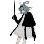  1girl alternate_costume bangs black_capelet capelet closed_mouth feet_out_of_frame gloves hair_between_eyes hair_rings hairband hand_up headband highres holding kaku_seiga long_hair looking_down m09_mirage090 sad simple_background solo touhou white_background 