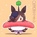  1girl animal_ears blue_headwear blush_stickers brown_hair chibi commentary food food_as_clothes full_body hair_over_one_eye hat horse_ears kyou_(fr39) long_hair looking_at_viewer orange_background pikmin_(series) pikmin_bloom purple_skirt rice_shower_(umamusume) sashimi skirt solo sprout_on_head sushi thigh-highs translated umamusume 