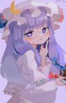  1girl absurdres bangs blue_bow blush bow comkdom crescent dress grey_background hair_bow hat highres holding light_smile long_hair long_sleeves looking_at_viewer mob_cap patchouli_knowledge purple_background purple_hair red_bow red_ribbon ribbon simple_background solo touhou upper_body violet_eyes 