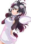  1girl absurdres african_penguin_(kemono_friends) animal_ears black_eyes black_gloves black_hair gloves highres iwa_(iwafish) kemono_friends kemono_friends_v_project long_hair looking_at_viewer multicolored_hair necktie shirt shoes simple_background skirt smile solo tail virtual_youtuber white_shirt 