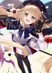  1girl artoria_pendragon_(caster)_(fate) artoria_pendragon_(fate) black_gloves black_legwear blonde_hair blue_bow blue_cape blue_headwear blush bow bowtie buttons cape commentary_request dress eyebrows_visible_through_hair fate/grand_order fate_(series) floating_hair flower gloves green_eyes hat long_hair long_sleeves looking_at_viewer misaki346 open_mouth pantyhose petals red_flower signature smile solo twintails white_dress white_flower 