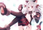 1girl animal_ear_fluff animal_ears animal_hands bangs bare_shoulders bell blush breasts cat_ears cat_tail eyebrows_visible_through_hair fate/kaleid_liner_prisma_illya fate_(series) fur_trim gloves hair_bell hair_ornament highres illyasviel_von_einzbern illyasviel_von_einzbern_(beast_style) jingle_bell leg_up leotard long_hair looking_at_viewer open_mouth paw_gloves paw_print paw_print_background paw_shoes redhead scan shiny shiny_hair simple_background sitting sleeveless small_breasts solo suzuho_hotaru tail thigh-highs thighs white_hair 