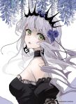  1girl :o artist_name bangs bare_shoulders black_choker black_dress breasts choker dress flower green_eyes hair_flower hair_ornament highres kana_yukino long_hair looking_at_viewer off-shoulder_dress off_shoulder original solo white_hair 