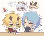  ! 2boys 2girls :3 ahoge animal_hood azuma_(azuma10270724) bangs blonde_hair blue_hair blush chibi closed_eyes eating fake_horns fingerless_gloves food genshin_impact gloves green_eyes grey_hair hair_between_eyes hair_ribbon headband heart holding holding_tray hood horned_headwear horns japanese_clothes kamisato_ayaka kamisato_ayato leaf leaf_on_head mole mole_under_mouth multiple_boys multiple_girls musical_note open_mouth ponytail ribbon sayu_(genshin_impact) silver_hair simple_background sparkle squiggle sweat sweatdrop tears thoma_(genshin_impact) translation_request tray 