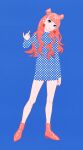  1girl :o acubi_tomaranai arm_at_side blue_background blue_eyes boots double_bun dress earrings full_body hair_behind_ear hand_up head_tilt heart heart_earrings highres jewelry long_hair looking_at_viewer middle_finger open_mouth original pink_hair polka_dot polka_dot_dress red_nails solo symbol-only_commentary unmoving_pattern 