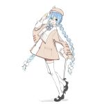 1girl :d agonasubi bangs beret blue_bow blue_bowtie blue_eyes blue_hair bow bowtie braid brown_dress brown_headwear brown_shorts dress from_side full_body hair_ornament hand_up hat hatsune_miku holding long_hair long_sleeves looking_at_viewer mary_janes picket pom_pom_(clothes) pom_pom_hair_ornament puffy_long_sleeves puffy_sleeves salute shoes shorts sketch smile solo standing striped striped_bow striped_bowtie thigh-highs twin_braids twintails very_long_hair vocaloid white_background white_legwear yuki_miku 
