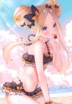  1girl abigail_williams_(emerald_float)_(fate) abigail_williams_(fate) absurdres bangs bare_shoulders bikini_skirt blonde_hair blue_eyes blue_sky blush clouds cloudy_sky day double_bun fate/grand_order fate_(series) food forehead fruit gradient gradient_sky hair_ornament hand_up highres holding layered_skirt long_hair looking_at_viewer navel ocean open_mouth outdoors polka_dot scan scrunchie shiny shiny_hair simple_background sitting skirt sky solo stomach strawberry sunlight suzuho_hotaru swimsuit thighs water wrist_scrunchie 