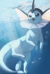  :3 animal_focus blue_background blue_eyes blue_theme bubble caustics commentary day full_body happy highres horezai light_rays no_humans open_mouth pawpads pokemon pokemon_(creature) smile solo swimming underwater vaporeon 