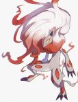  1other animal_ears animal_feet animal_hands big_hair blurry body_fur chromatic_aberration claws constricted_pupils full_body furry gradient_hair grey_fur highres hisuian_zoroark horezai long_hair looking_at_viewer multicolored_hair other_focus pokemon pokemon_(creature) red_eyes redhead simple_background snout solo standing two-tone_fur two-tone_hair white_background white_fur white_hair wolf_ears yellow_eyes 