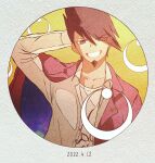  1boy bangs danganronpa_(series) danganronpa_v3:_killing_harmony eyes_visible_through_hair facial_hair goatee grey_background grin highres jacket kiri_(2htkz) long_sleeves male_focus momota_kaito open_clothes open_shirt orange_background pink_eyes pink_jacket print_shirt shirt smile solo space_print starry_sky_print teeth upper_body 