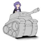  1girl absurdres ahoge black_outline black_sweater blue_eyes braid clenched_hand cxy english_commentary eyebrows_visible_through_hair ground_vehicle hair_ornament hairclip head_wings heterochromia highres looking_ahead medium_hair military military_vehicle motor_vehicle newgrounds nijisanji nijisanji_en outline purple_hair selen_tatsuki shadow simple_background smile solo sweater tank twin_braids violet_eyes virtual_youtuber white_background 