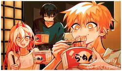  +_+ 1girl 2boys artist_name black_hair black_sweater blonde_hair chainsaw_man chopsticks chopsticks_in_mouth claireiosity demon_horns denji_(chainsaw_man) eating food hair_ornament hairclip hayakawa_aki_(chainsaw_man) highres horns multiple_boys noodles open_mouth pink_hair power_(chainsaw_man) ramen ramen red_horns sharp_teeth sweater teeth 