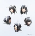  1girl :d arknights bangs black_eyes black_hair blush closed_mouth crying crying_with_eyes_open dated eyebrows_visible_through_hair feather_hair flying_sweatdrops glint hair_intakes hair_ornament hairclip heart la_pluma_(arknights) light_bulb looking_at_viewer multiple_views open_mouth portrait profile short_hair signature simple_background smile tears translation_request white_background xiaohuanjie 