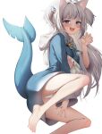  1girl :d animal_ears bangs bare_legs barefoot blue_hair blue_hoodie blush breasts cat_ears claw_pose feet fish_tail foot_out_of_frame gawr_gura grey_hair highres hololive hololive_english hood hoodie long_hair long_sleeves medium_breasts multicolored_hair panties pharamacom shark_tail sharp_teeth simple_background smile solo streaked_hair tail teeth two_side_up under_boob underwear upper_teeth very_long_hair violet_eyes virtual_youtuber white_background white_panties wide_sleeves 