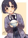  bangs black_hair blue_dress blush bow bowl bowtie buttons cardigan checkered_clothes checkered_dress commentary_request dress eyebrows_visible_through_hair food highres holding holding_bowl idolmaster idolmaster_cinderella_girls long_sleeves looking_at_viewer mmmakaron888 open_mouth purple_cardigan rice_bowl shiragiku_hotaru shirt short_hair signature simple_background smile upper_body violet_eyes white_shirt 