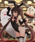  1girl ;d animal_ears arm_up bare_shoulders black_leotard brown_hair closed_eyes genshin_impact ghost highres hu_tao_(genshin_impact) leotard long_sleeves one_eye_closed open_mouth plate playboy_bunny rabbit_ears rabbit_tail red_eyes smile solo tail the_olphy thigh-highs twintails v white_legwear 