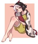  1girl animal_ears animal_print barefoot black_hair commentary_request cow_ears cow_girl cow_horns cow_print cow_tail crop_top frilled_shorts frills grey_hair haori highres horns japanese_clothes multicolored_hair one-hour_drawing_challenge red_horns red_tail renshirenji shorts split-color_hair statue tail tank_top touhou two-tone_hair ushizaki_urumi yellow_shorts yellow_tank_top 