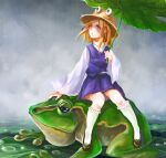  1girl :o akamidoriao_(rgb) blonde_hair blush brown_footwear commentary frog full_body hat holding holding_umbrella kneehighs leaf_umbrella lily_pad long_hair long_sleeves looking_up moriya_suwako on_animal open_mouth purple_skirt purple_vest rain shirt shoes sitting skirt skirt_set solo touhou umbrella vest water water_drop white_legwear white_shirt wide_sleeves yellow_eyes 