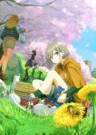  3girls absurdres bee blue_sky bug cherry_blossoms dandelion dango denim denim_shorts dutch_angle falling_petals flower food full_body grass highres humanplushq idolmaster idolmaster_shiny_colors izumi_mei looking_at_viewer mayuzumi_fuyuko multiple_girls outdoors petals picnic picnic_basket serizawa_asahi shorts sitting sky solo_focus wagashi 