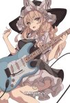  1girl black_headwear bow brown_hair eyebrows_visible_through_hair frills green_eyes grey_bow guitar hair_bow hat hat_bow highres holding holding_instrument instrument kirisame_marisa light_brown_hair long_hair mayuree open_mouth simple_background solo tongue touhou white_background 