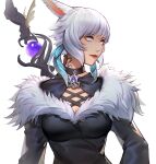  1girl absurdres animal_ears aqua_eyes bangs breasts brooch closed_mouth collar feathers final_fantasy final_fantasy_xiv fur_trim highres jewelry looking_away medium_breasts miqo&#039;te neck_tattoo q18607 short_hair smile solo staff tattoo upper_body weapon weapon_on_back white_background white_hair y&#039;shtola_rhul 