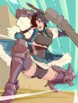  1girl :d armor belt black_hair breasts celliera dragalia_lost full_body gauntlets gloves high_heels highres holding holding_weapon medium_breasts nikukaiq red_eyes short_hair shorts smile solo squatting sword thigh-highs weapon 