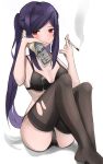  1girl absurdres alternate_costume bangs beer_can black_bra bra breasts can cigarette foam full_body highres holding holding_can holding_cigarette jill_stingray long_hair looking_at_viewer lying pantyhose purple_hair pz-15 red_eyes sidelocks simple_background smoking solo swept_bangs thigh-highs torn_clothes torn_legwear twintails underwear va-11_hall-a white_background 