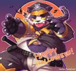 1boy absurdres alp_(housamo) animal_ears animal_nose bat belly belt black_necktie braid claws colored_sclera colored_tips fangs fangs_out fingernails furry furry_male gradient gradient_background happy_halloween hat highres long_hair looking_at_viewer male_focus moon multicolored_hair multicolored_necktie necktie orange_background orange_moon orange_necktie panda_boy panda_ears plump police police_hat police_uniform purple_background purple_fur purple_hair sharp_fingernails shirt simple_background solo studded_belt tokyo_afterschool_summoners tongue tongue_out twitter_username two-tone_fur uniform upper_body violet_eyes white_fur yedsilent yellow_sclera 