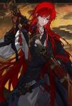  1boy black_gloves earrings eyebrows_visible_through_hair gloves highres holding holding_sheath holding_sword holding_weapon jewelry katana long_hair male_focus original parted_lips pinky_ring red_eyes redhead ring satsuya scabbard sheath sheathed single_earring solo sword tassel tassel_earrings unsheathing weapon 
