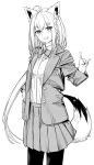  1girl absurdres ahoge ahoyhoi animal_ears bangs blazer blush bow bowtie braid breasts commentary_request eyebrows_visible_through_hair fox_ears fox_girl fox_shadow_puppet fox_tail greyscale grin hair_between_eyes hand_in_pocket highres hololive jacket long_hair long_sleeves looking_at_viewer monochrome open_clothes open_jacket pantyhose pentagram pleated_skirt shirakami_fubuki shirt sidelocks simple_background single_braid skirt small_breasts smile solo tail virtual_youtuber white_background 
