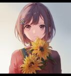  1girl bangs braid brown_eyes brown_hair closed_mouth commentary dress expressionless flower grey_background hair_flower hair_ornament highres holding holding_flower letterboxed long_sleeves looking_at_viewer nanameni portrait project_sekai red_dress shinonome_ena short_hair solo sunflower yellow_flower 