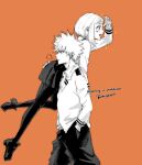  1boy 1girl bakugou_katsuki blazer boku_no_hero_academia carrying carrying_over_shoulder carrying_person collared_shirt hand_in_pocket hetero jacket kaki_piyo leggings orange_background pants pleated_skirt profile school_uniform shirt sidelocks skirt spiky_hair u.a._school_uniform uraraka_ochako 