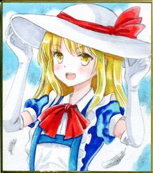  1girl blonde_hair blue_dress bow collared_dress dress elbow_gloves frilled_dress frilled_gloves frills gloves hajike_akira hand_on_headwear hat hat_bow highres kana_anaberal medium_hair open_mouth photo_(medium) puffy_short_sleeves puffy_sleeves red_bow red_ribbon ribbon shirt short_sleeves sun_hat touhou touhou_(pc-98) traditional_media white_gloves white_headwear yellow_eyes 