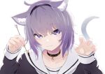  1girl :3 absurdres animal_ears bangs cat_ears cat_tail collar eyebrows_visible_through_hair hairband highres hololive kasoku_souchi looking_at_viewer mimikaki nekomata_okayu purple_hair school_uniform serafuku short_hair smile solo tail violet_eyes virtual_youtuber 