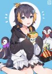  1girl :d absurdres animal bangs bendy_straw bird black_hair blue_background blue_eyes blush brown_hair collarbone commentary drinking_straw english_commentary eyebrows_behind_hair feet_out_of_frame fish_hair_ornament food fruit hair_between_eyes hair_ornament hayate_fish highres holding holding_food hood hood_down hooded_jacket jacket looking_at_viewer multicolored_hair nijisanji penguin petra_gurin pleated_skirt sandwich sitting skirt smile solo strawberry streaked_hair two-tone_background virtual_youtuber white_background white_jacket white_skirt 