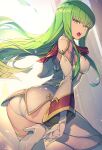  1girl ass boots breasts c.c. code_geass commentary gloves green_hair high_heel_boots high_heels highres long_hair looking_at_viewer looking_back open_mouth solo tarariko thigh-highs thigh_boots very_long_hair white_gloves yellow_eyes 
